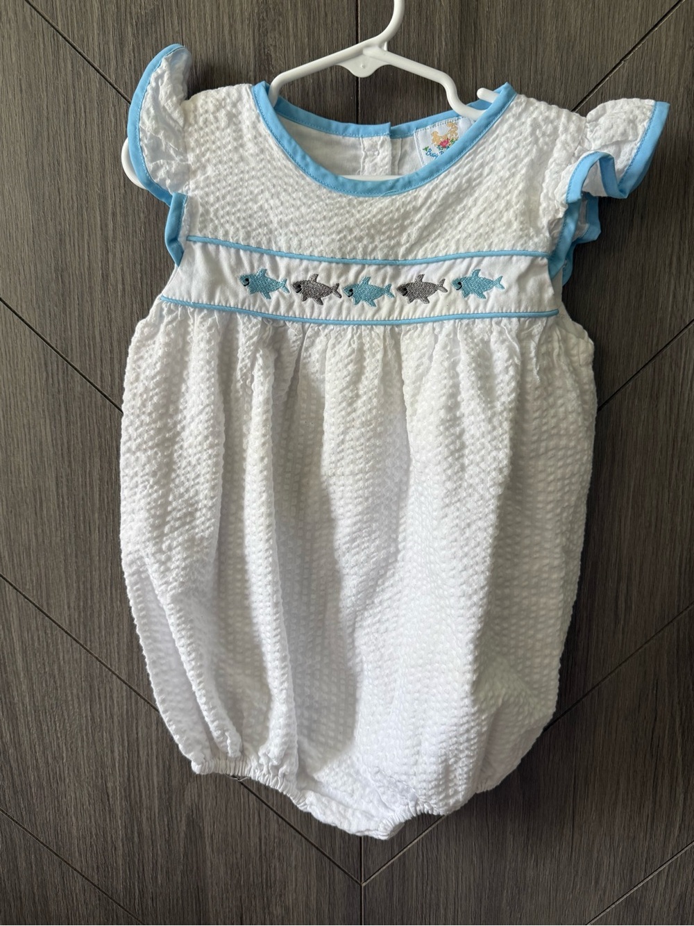 Busy Bee Smocks White Seersucker Baby Bubble with Blue Shark Embroidery